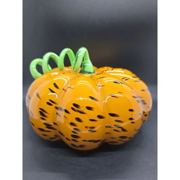 ART GLASS HAND BLOWN PUMPKIN LONG CURLY STEM HALLOWEEN FALL AUTUMN DECOR 7” - Picture 7 of 11